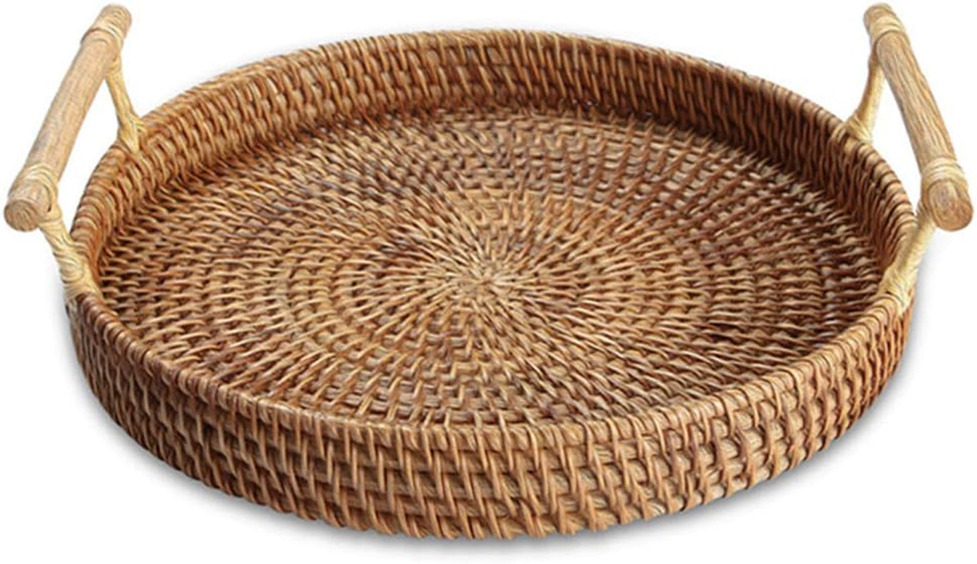YIWEN Rattan Woven round Basket, round Rattan Woven Serving Tray with Handles for Bread Fruit Vegetables, Restaurant Serving & Tabletop Display Baskets (8.7", 1Pc)
