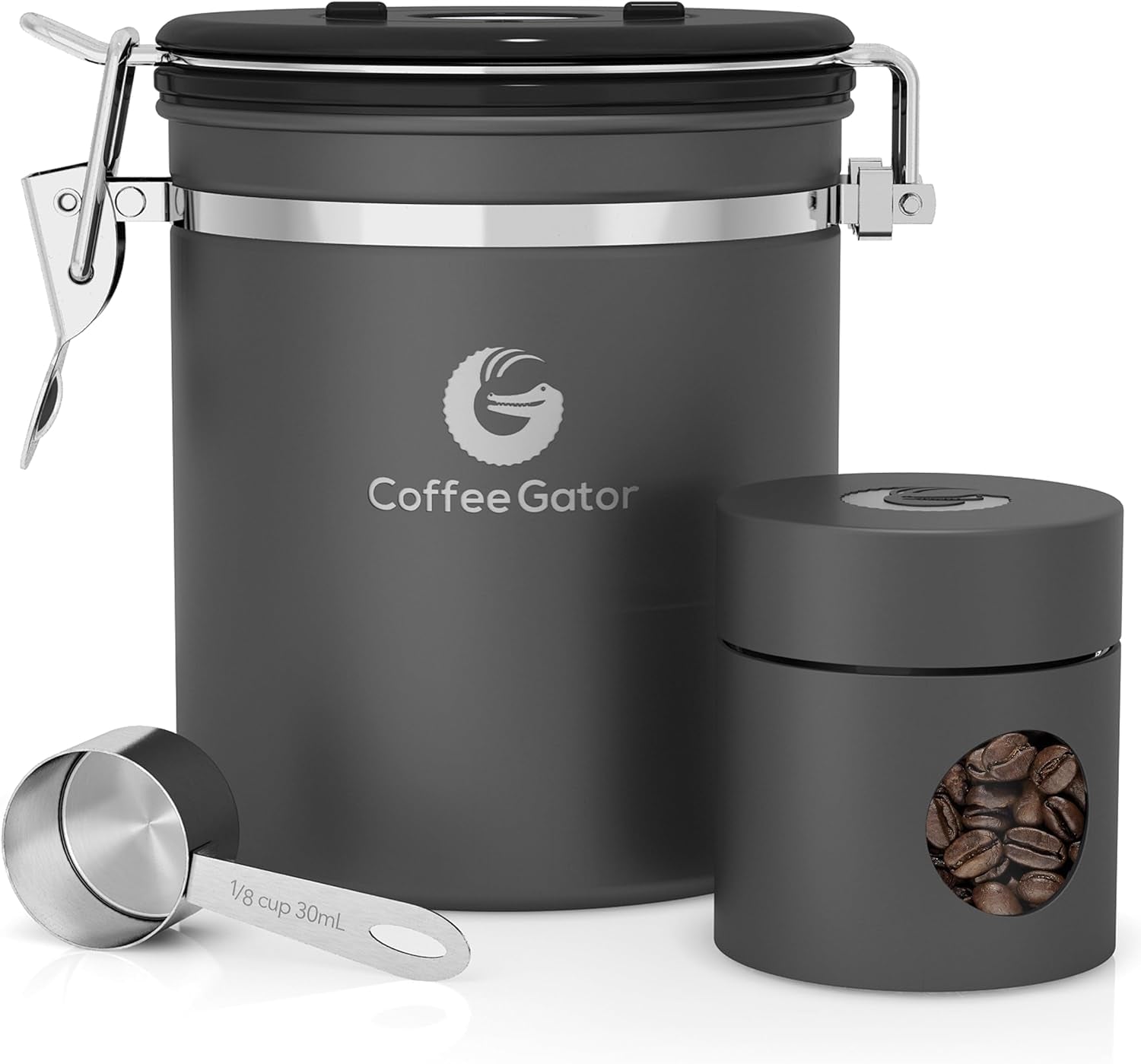 Stainless Steel Airtight Coffee Canister with Date Tracker, CO2 Release Valve, Measuring Scoop, and Travel Jar - Medium 16 oz - Gray