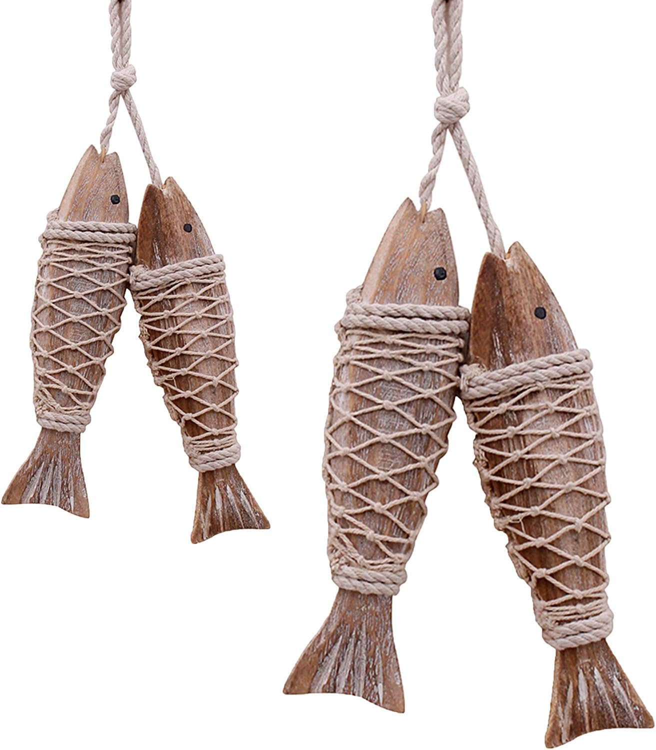 Handcrafted Hanging Carved Wooden Fish,Set of 4,Nautical Ornaments Antique Home Wall Decor Nautical Gift for Beach Lovers