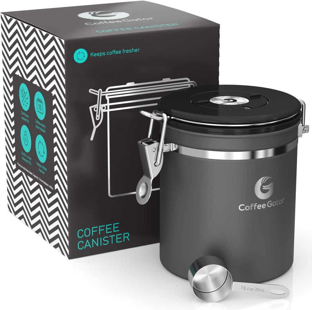 Stainless Steel Airtight Coffee Canister with Date Tracker, CO2 Release Valve, Measuring Scoop, and Travel Jar - Medium 16 oz - Gray