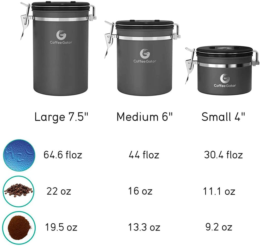 Stainless Steel Airtight Coffee Canister with Date Tracker, CO2 Release Valve, Measuring Scoop, and Travel Jar - Medium 16 oz - Gray