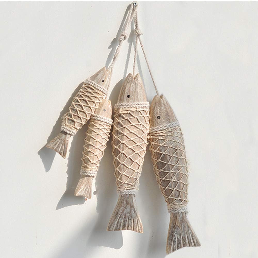 Handcrafted Hanging Carved Wooden Fish,Set of 4,Nautical Ornaments Antique Home Wall Decor Nautical Gift for Beach Lovers
