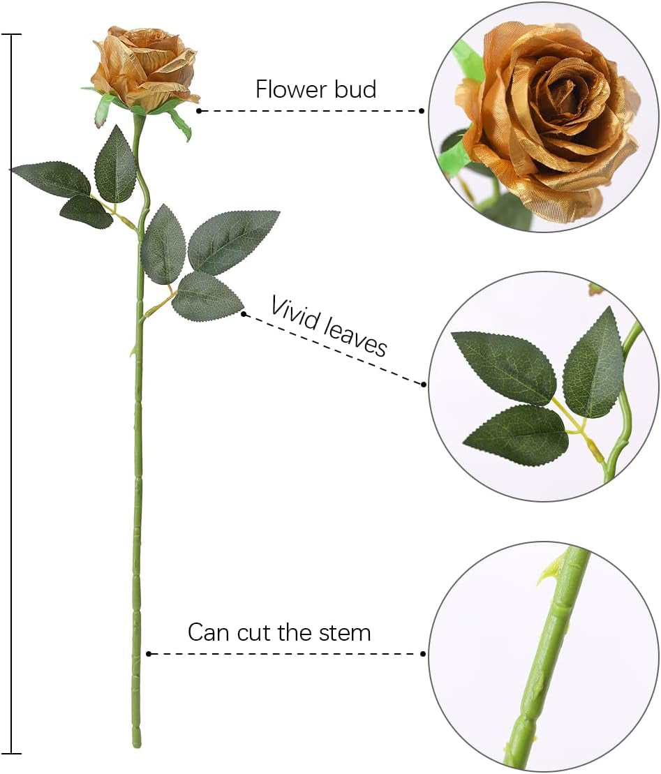 Veryhome 10 Pcs Artificial Gold Flowers Silk Roses Real Touch Bridal Wedding Bouquet Gold Rose for Christmas Home Garden Party Floral Decor