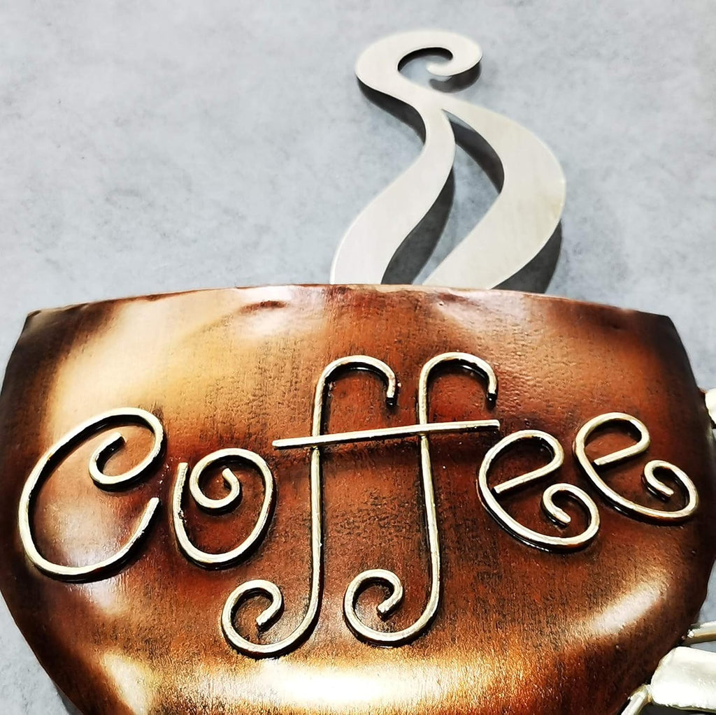 Aayla Metal Coffee Cup Wall Hanging Sculpture for Home, Kitchen, Restaurants and Shops - Brown and Champagne Color (14.75" H)