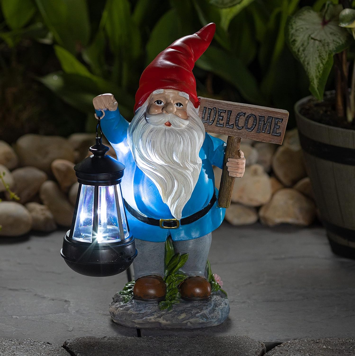 VP Home Welcome Gnome with Lantern Solar Powered LED Outdoor Decor Garden Light (Red Hat) Welcome Gnome Statues Outdoor Gnome Decor Funny Figurine Decor for outside Patio, Yard, Lawn