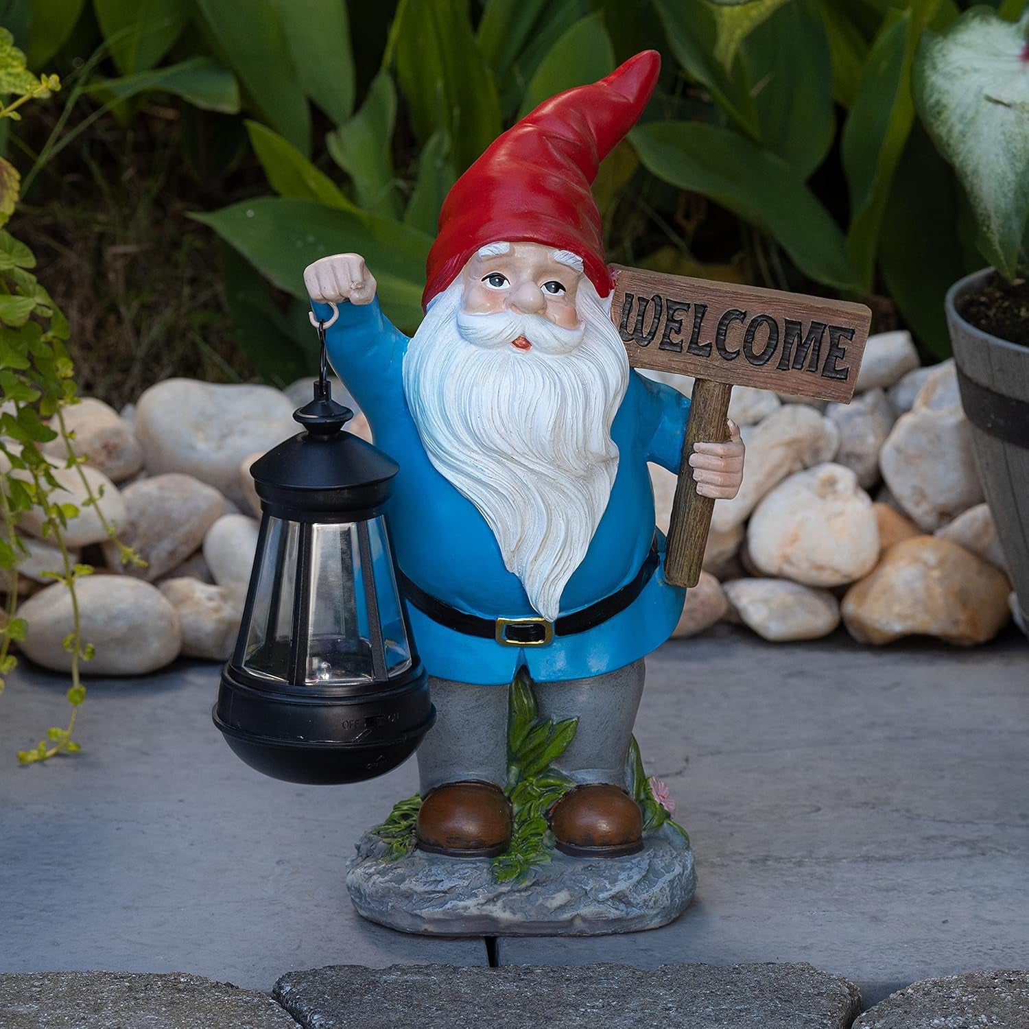 VP Home Welcome Gnome with Lantern Solar Powered LED Outdoor Decor Garden Light (Red Hat) Welcome Gnome Statues Outdoor Gnome Decor Funny Figurine Decor for outside Patio, Yard, Lawn