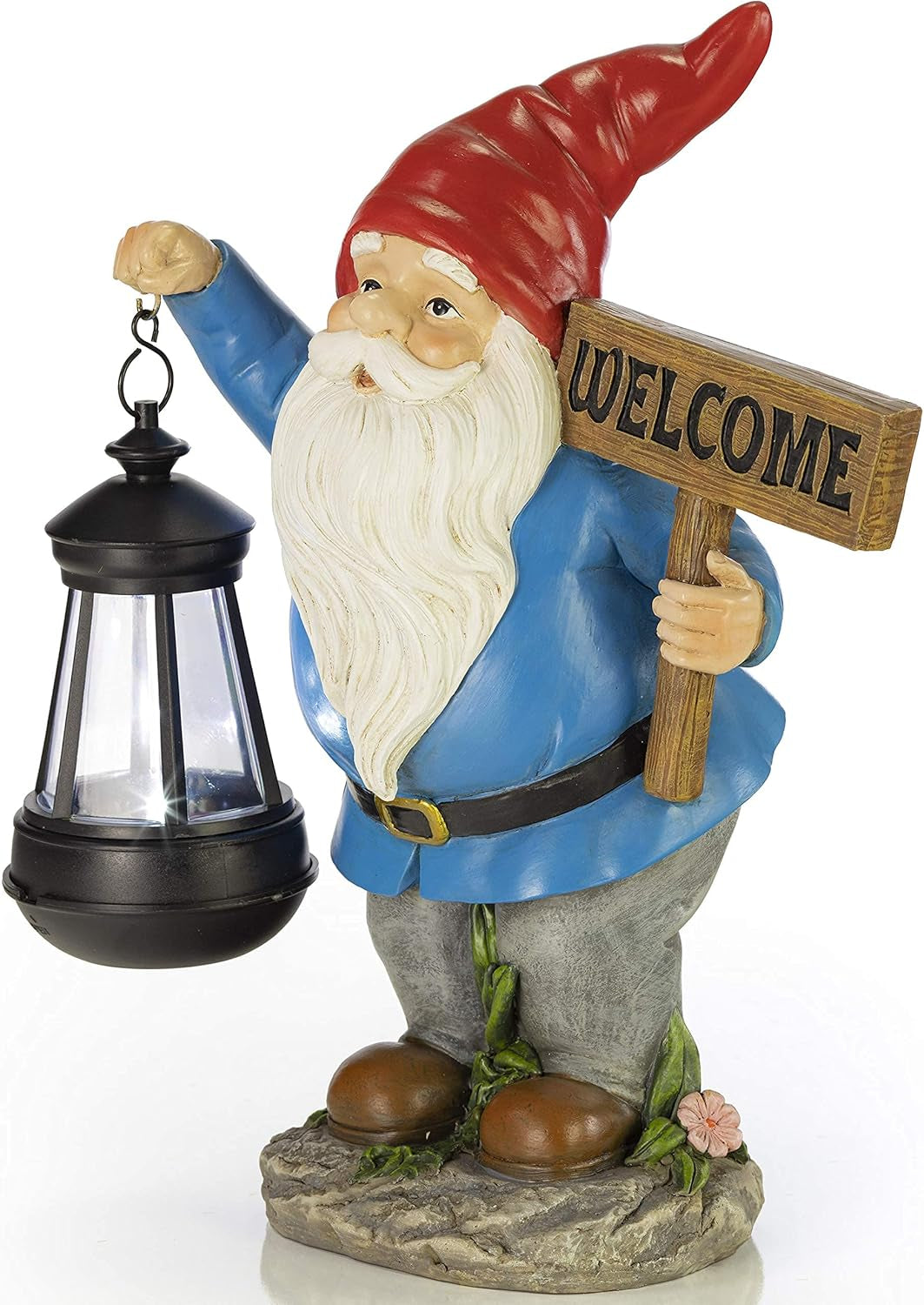 VP Home Welcome Gnome with Lantern Solar Powered LED Outdoor Decor Garden Light (Red Hat) Welcome Gnome Statues Outdoor Gnome Decor Funny Figurine Decor for outside Patio, Yard, Lawn
