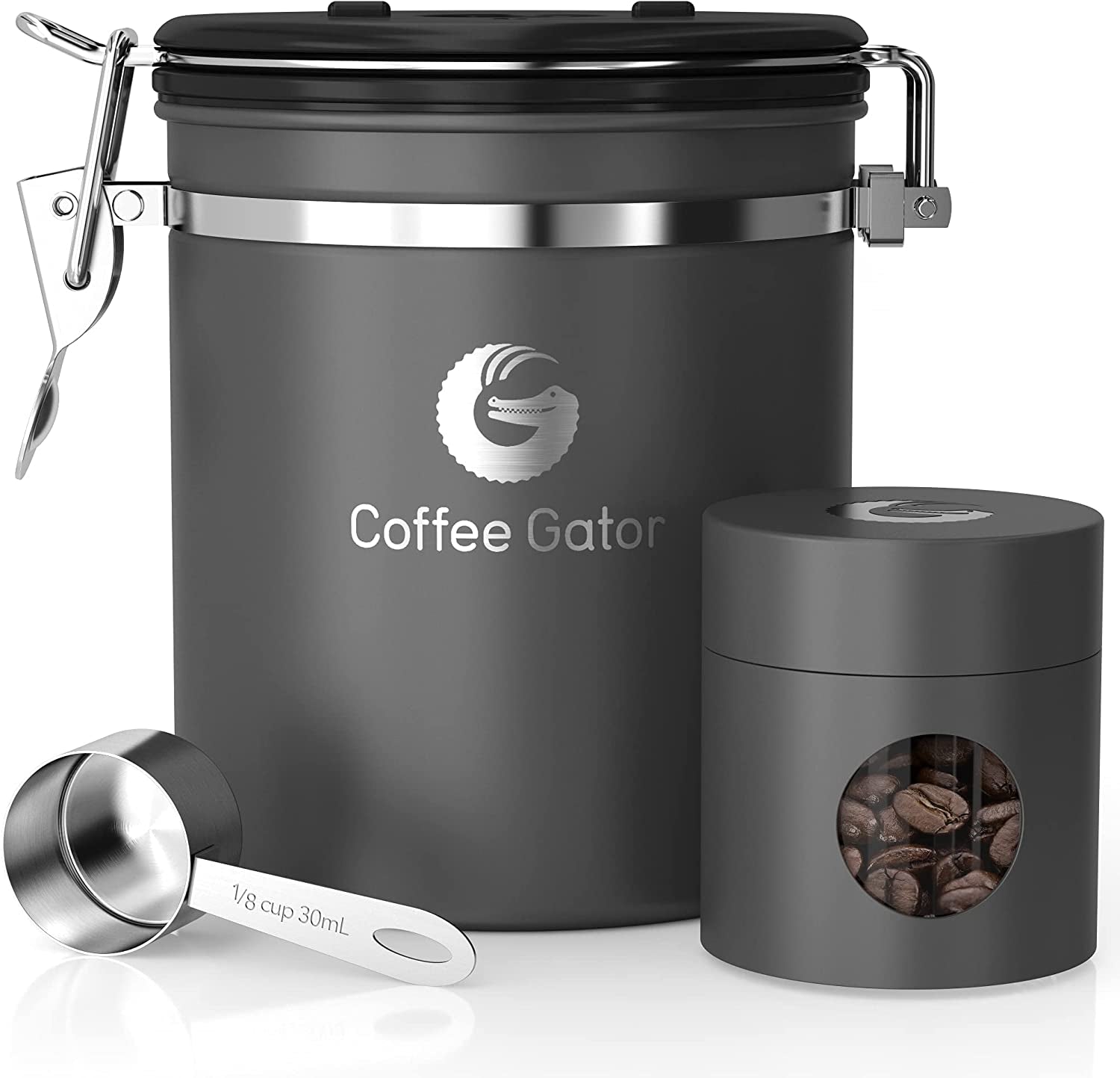 Stainless Steel Airtight Coffee Canister with Date Tracker, CO2 Release Valve, Measuring Scoop, and Travel Jar - Medium 16 oz - Gray