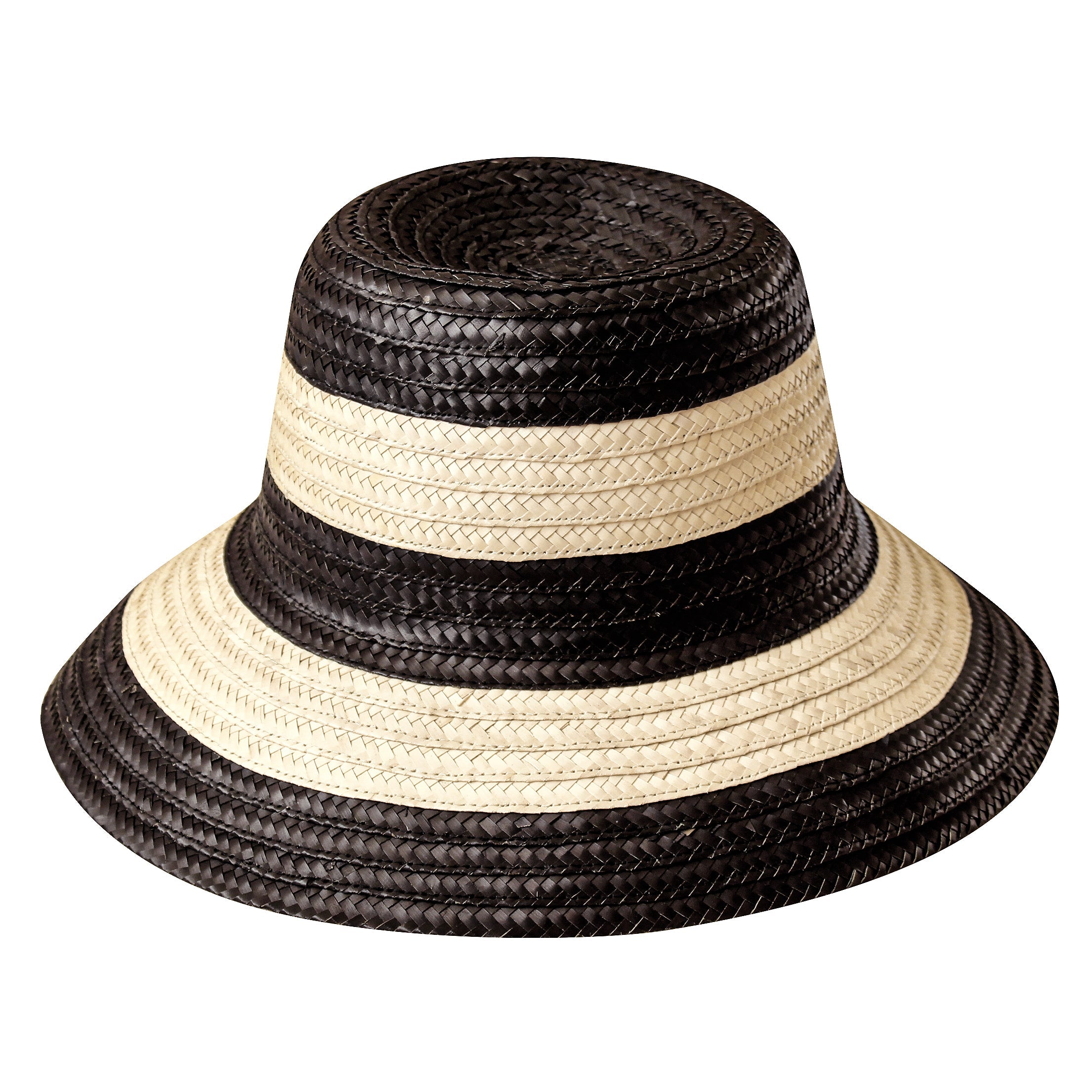 NONA Striped Bucket Palm Straw Hat In Black and Natural