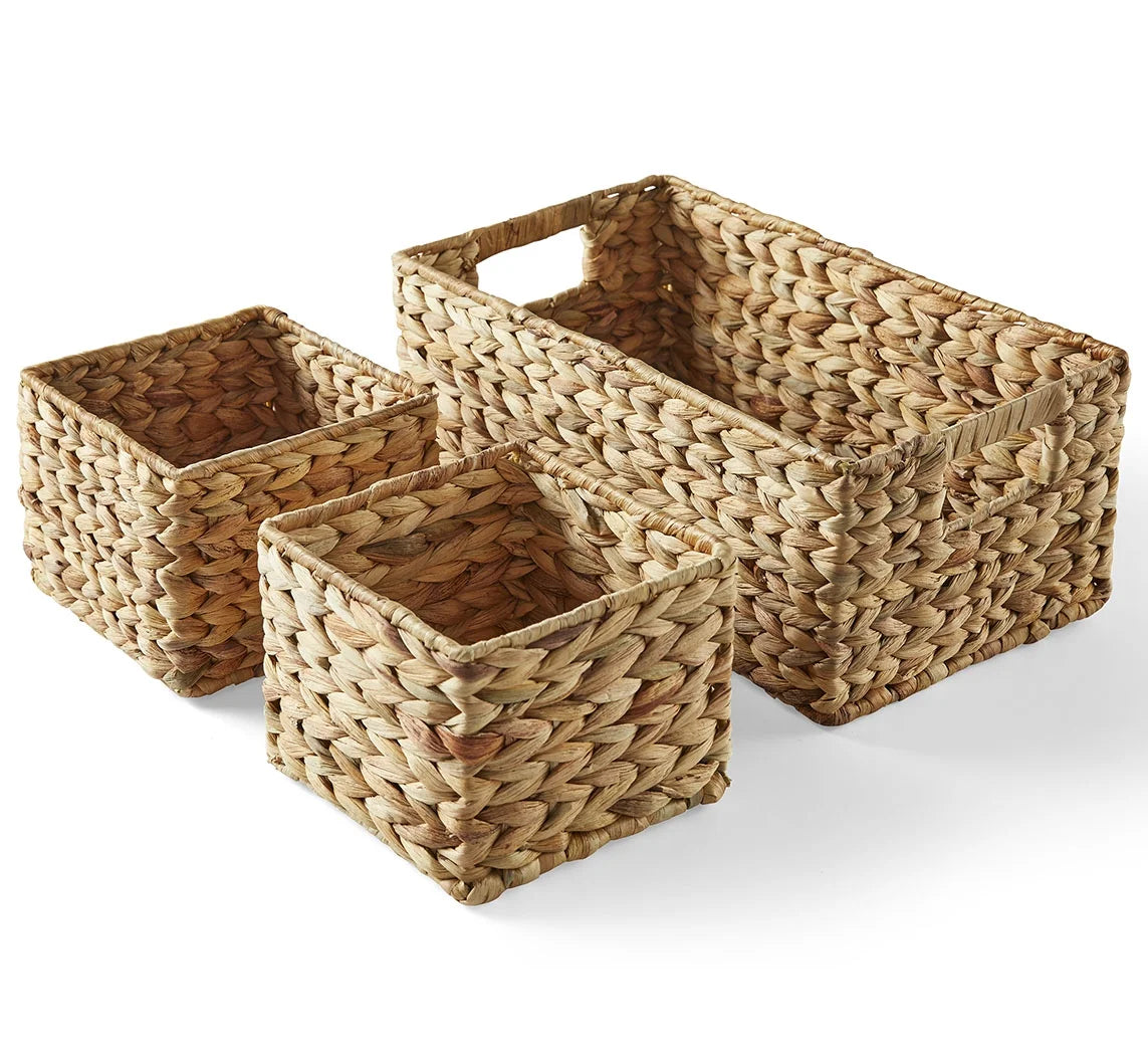 3-Piece Woven Natural Water Hyacinth Storage Basket Set Large 16.14” X 6.69” X 5.9” H, (2) Small 5.91” X 5.91”X 4.72”H