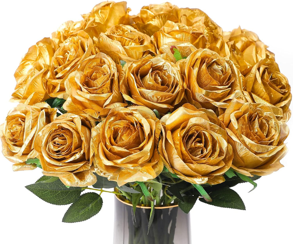 Veryhome 10 Pcs Artificial Gold Flowers Silk Roses Real Touch Bridal Wedding Bouquet Gold Rose for Christmas Home Garden Party Floral Decor