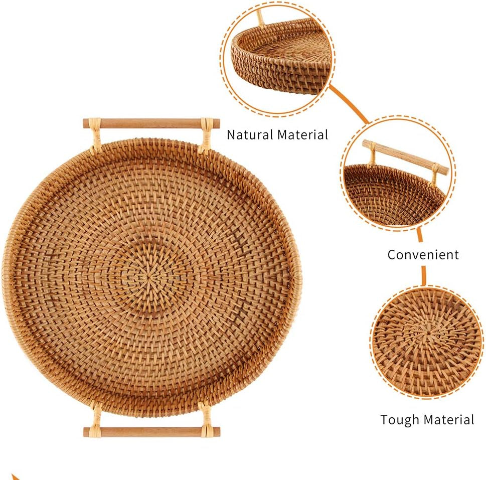 YIWEN Rattan Woven round Basket, round Rattan Woven Serving Tray with Handles for Bread Fruit Vegetables, Restaurant Serving & Tabletop Display Baskets (8.7", 1Pc)