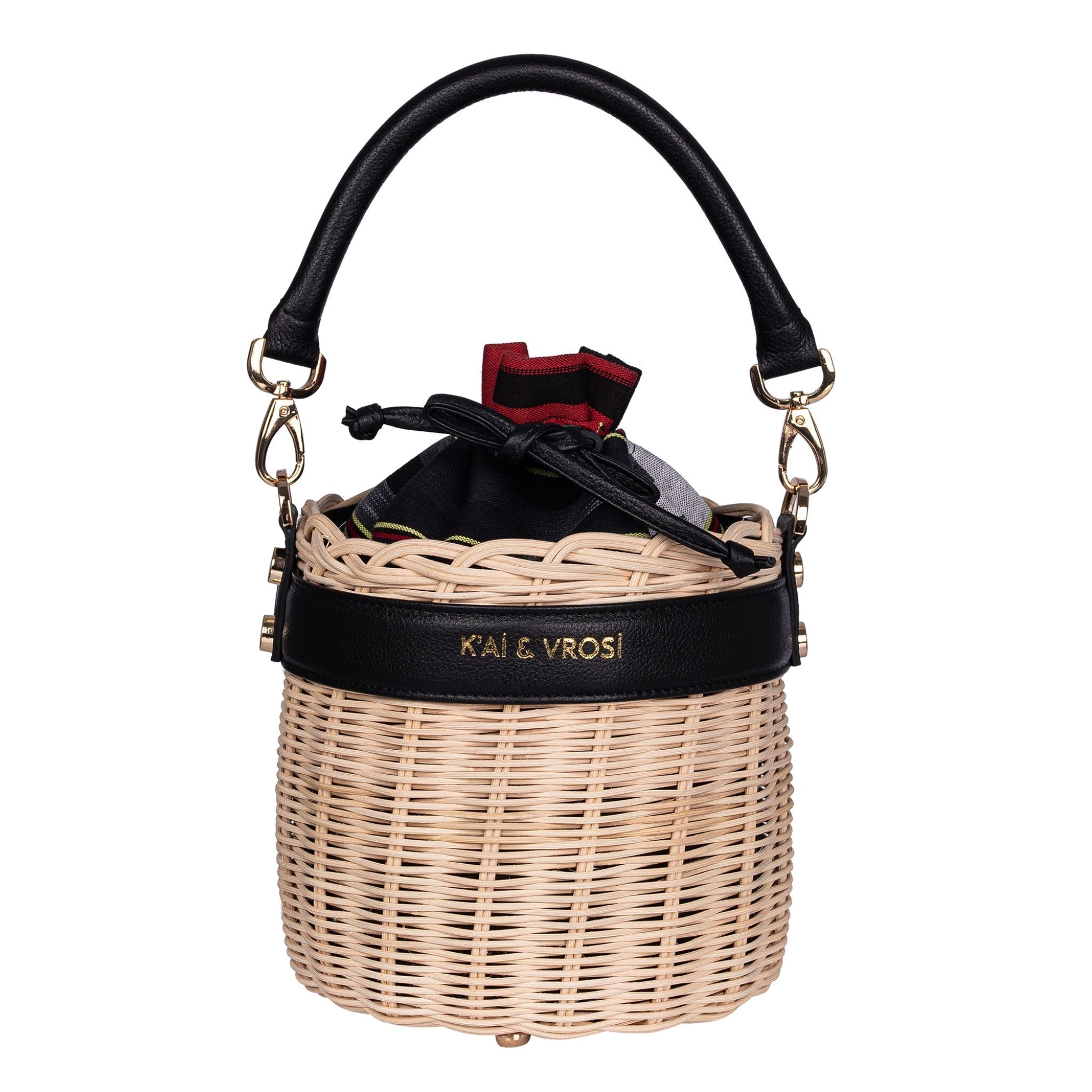 Black Leather & Straw Bucket Bag with Drawstring
