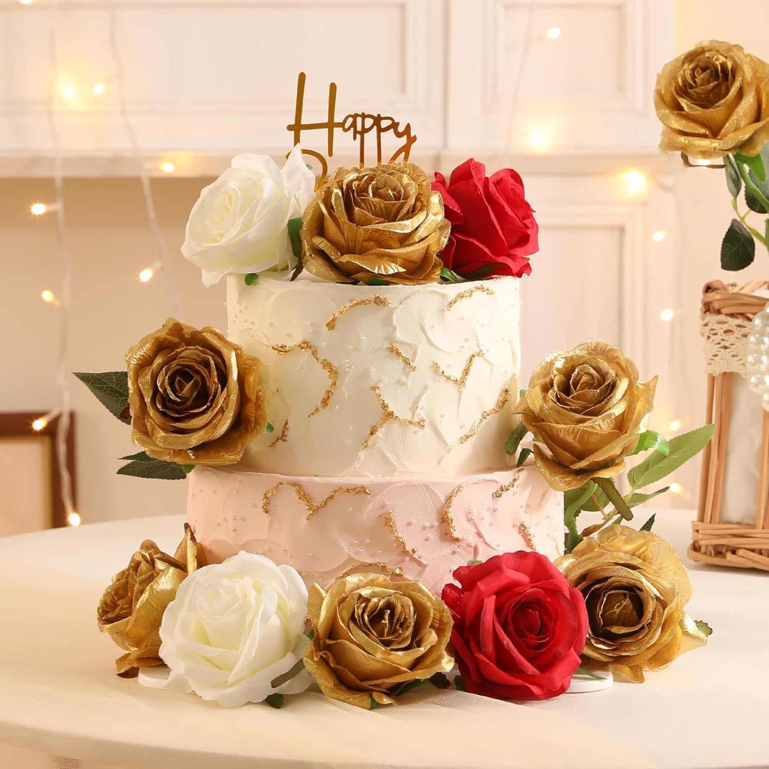 Veryhome 10 Pcs Artificial Gold Flowers Silk Roses Real Touch Bridal Wedding Bouquet Gold Rose for Christmas Home Garden Party Floral Decor