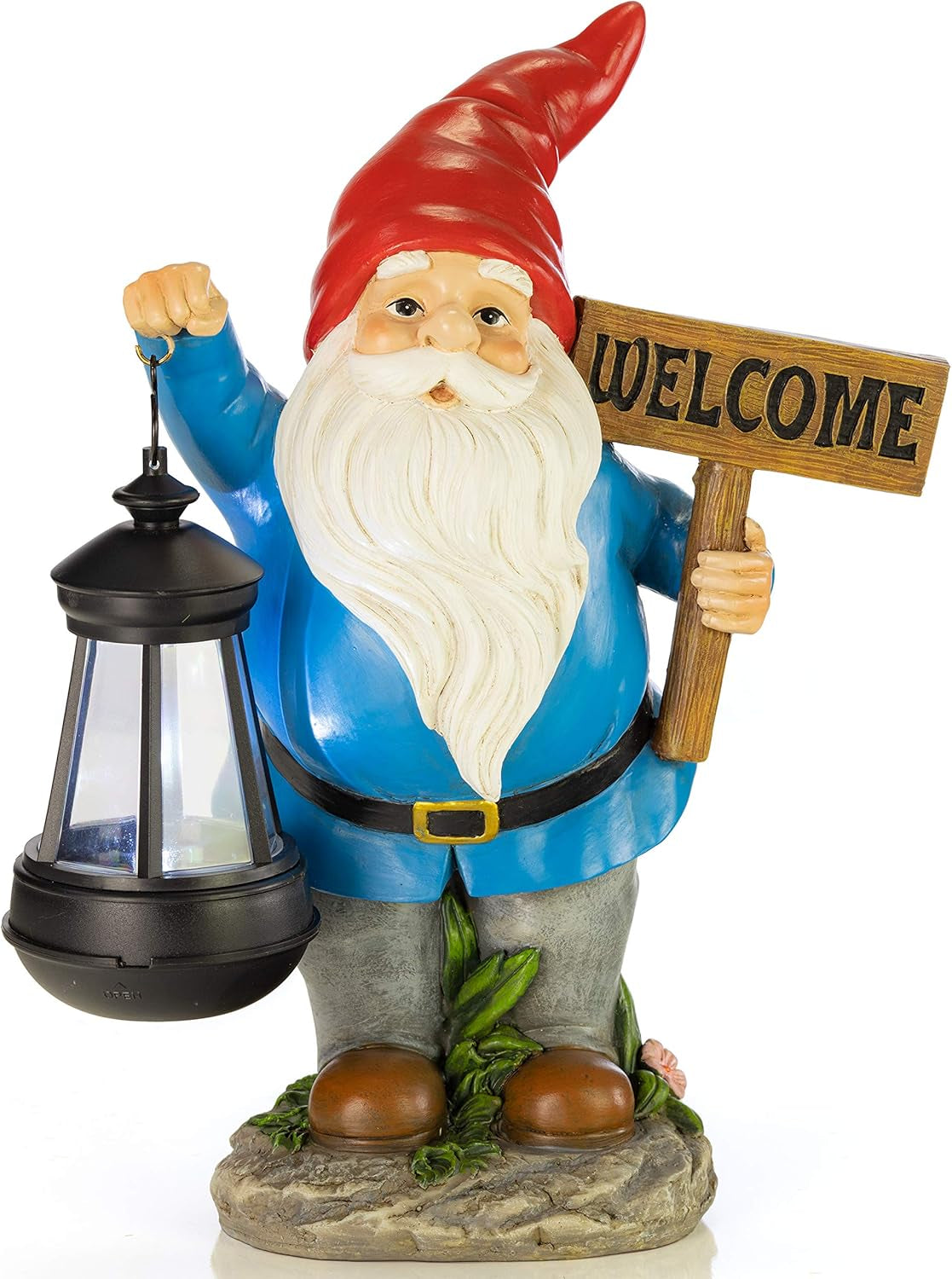 VP Home Welcome Gnome with Lantern Solar Powered LED Outdoor Decor Garden Light (Red Hat) Welcome Gnome Statues Outdoor Gnome Decor Funny Figurine Decor for outside Patio, Yard, Lawn