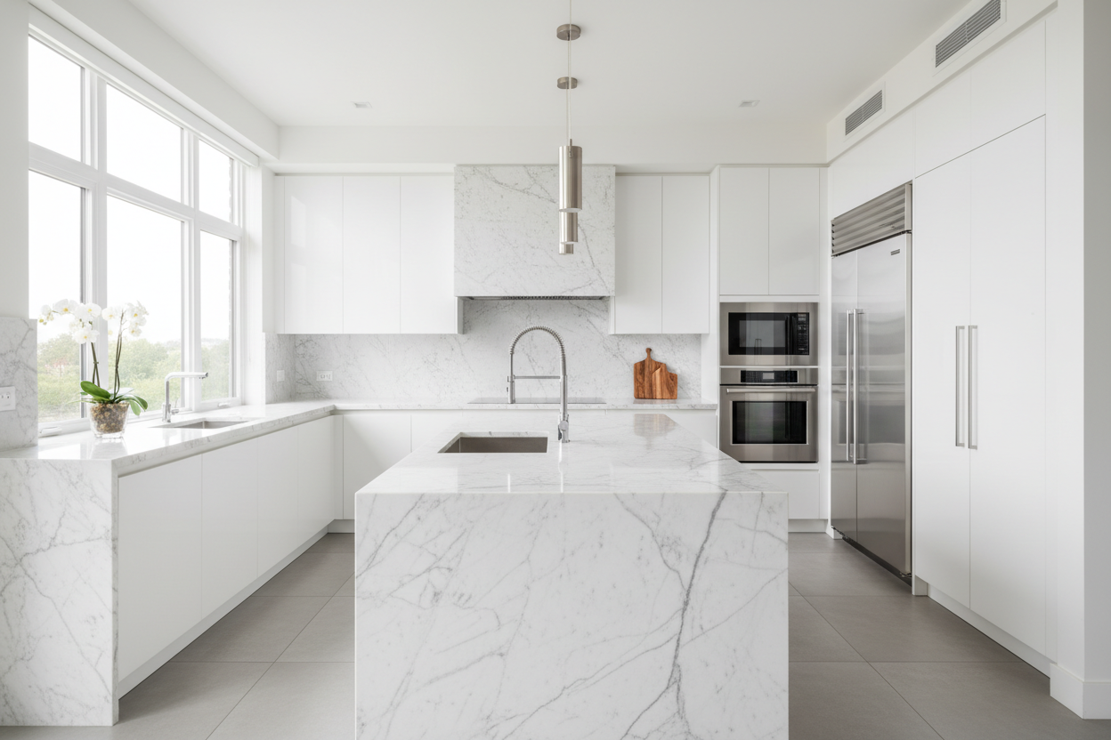 create a modern white kitchen marble carrara