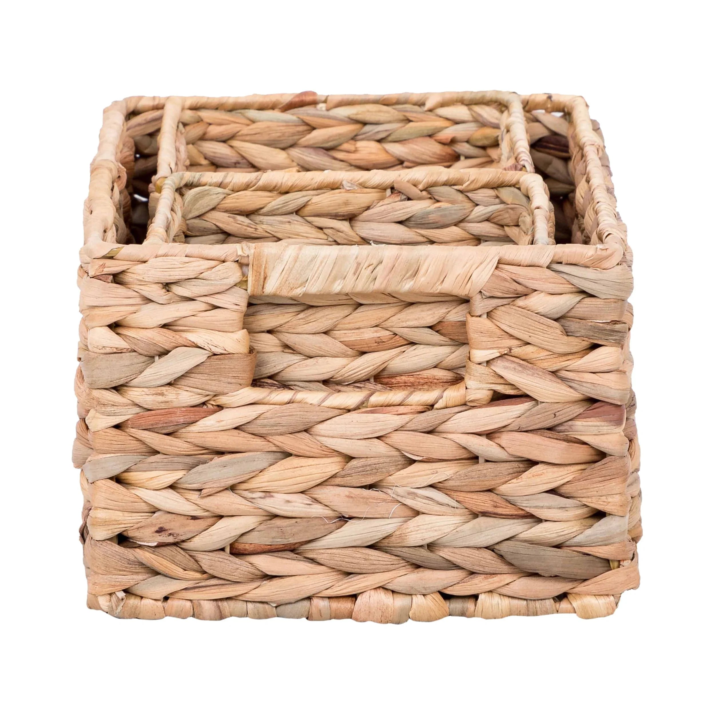 3-Piece Woven Natural Water Hyacinth Storage Basket Set Large 16.14” X 6.69” X 5.9” H, (2) Small 5.91” X 5.91”X 4.72”H