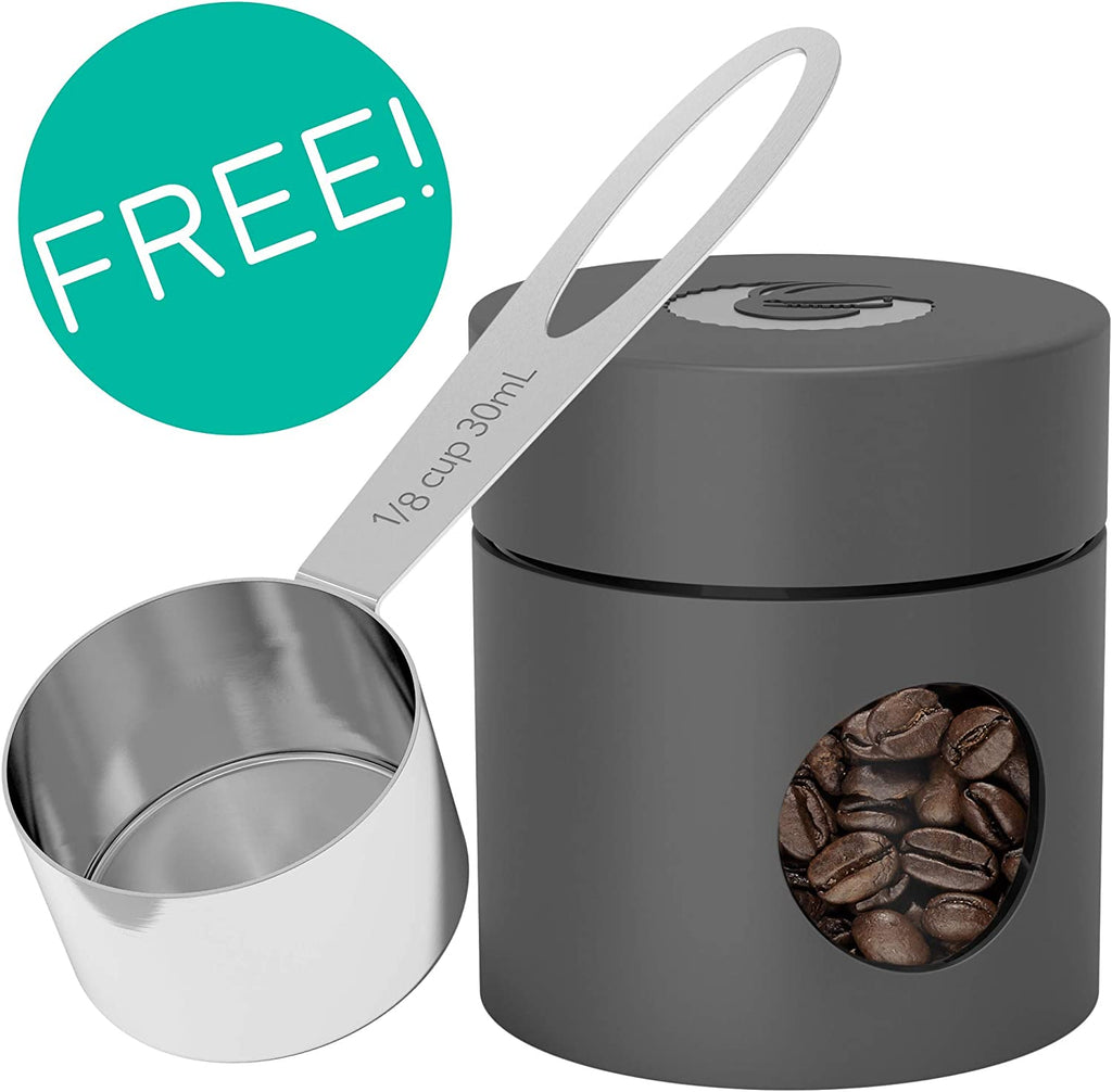 Stainless Steel Airtight Coffee Canister with Date Tracker, CO2 Release Valve, Measuring Scoop, and Travel Jar - Medium 16 oz - Gray