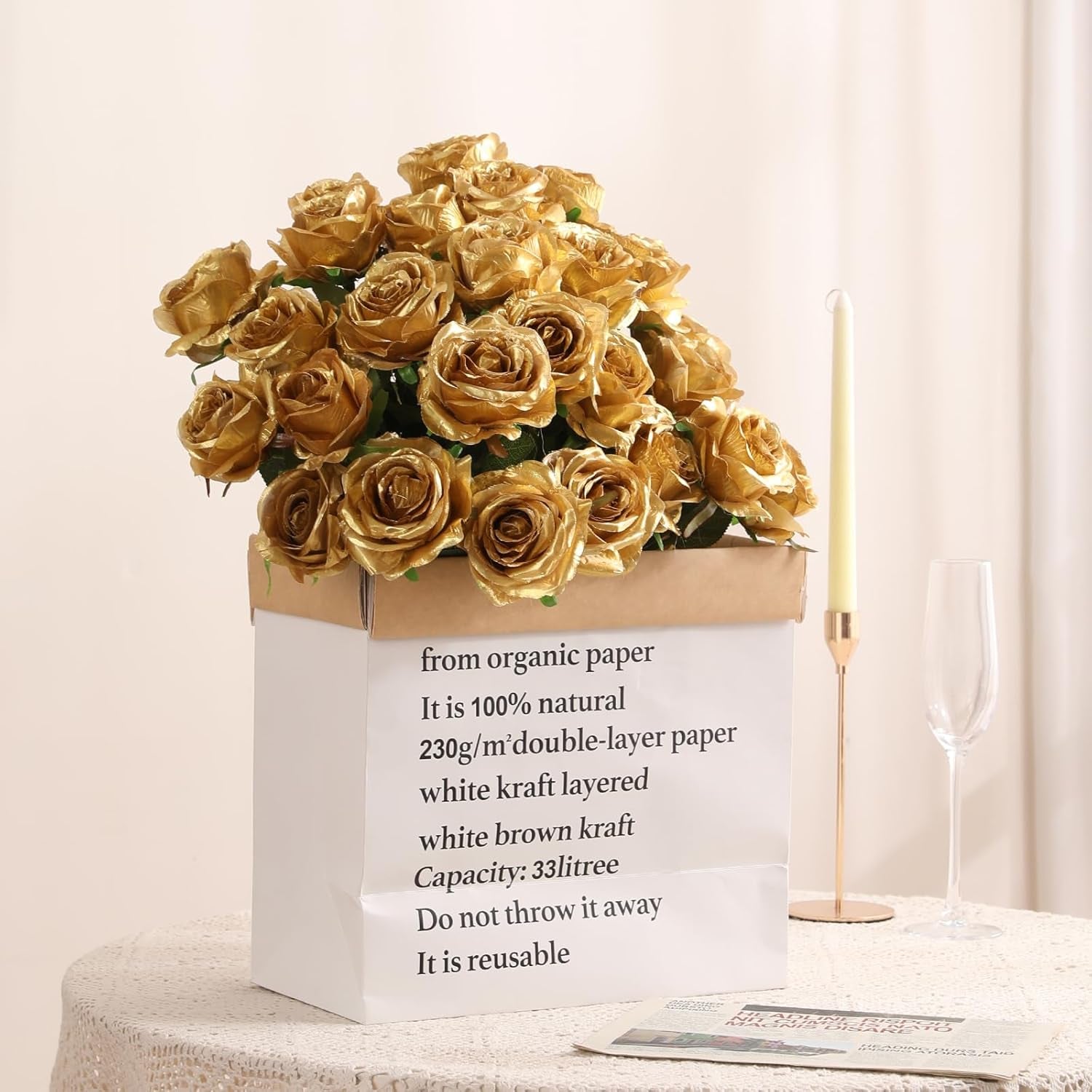 Veryhome 10 Pcs Artificial Gold Flowers Silk Roses Real Touch Bridal Wedding Bouquet Gold Rose for Christmas Home Garden Party Floral Decor