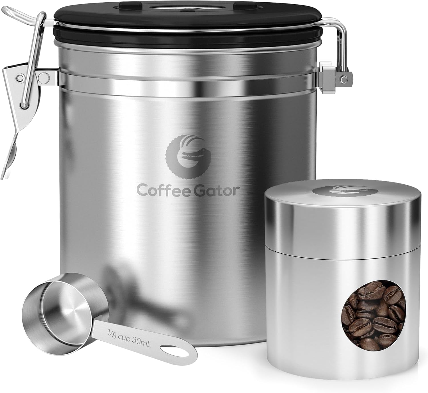 Stainless Steel Airtight Coffee Canister with Date Tracker, CO2 Release Valve, Measuring Scoop, and Travel Jar - Medium 16 oz - Gray